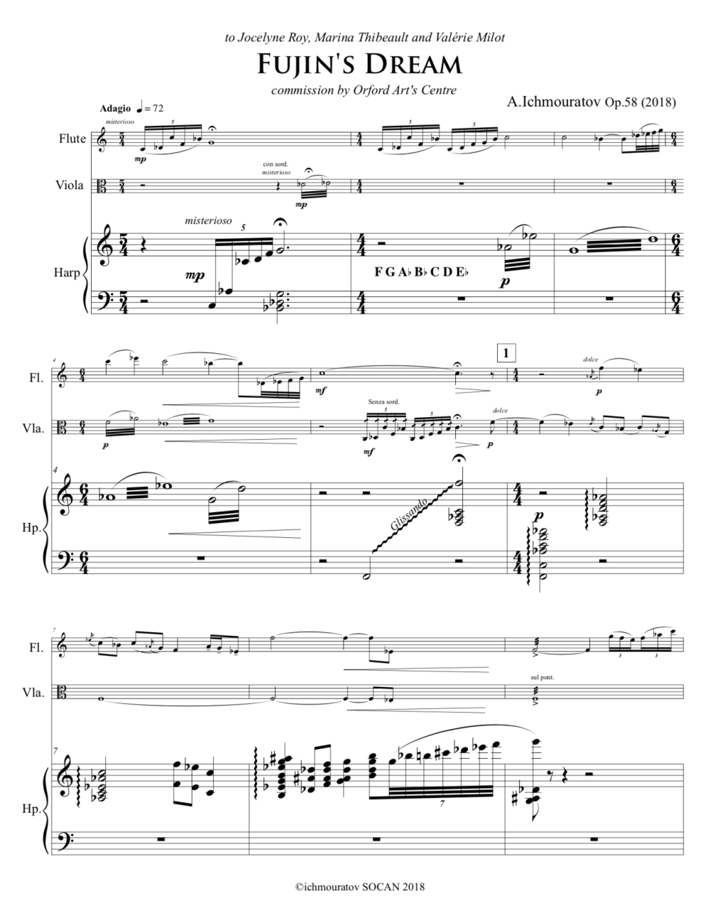 "Fujin's dream" Op.58 for Viola, Flute, and Harp - Downloadable PDF - Image 2
