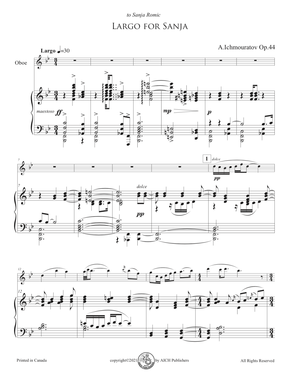 "Largo for Sanja" Op.44  for oboe and piano - Downloadable PDF - Image 2